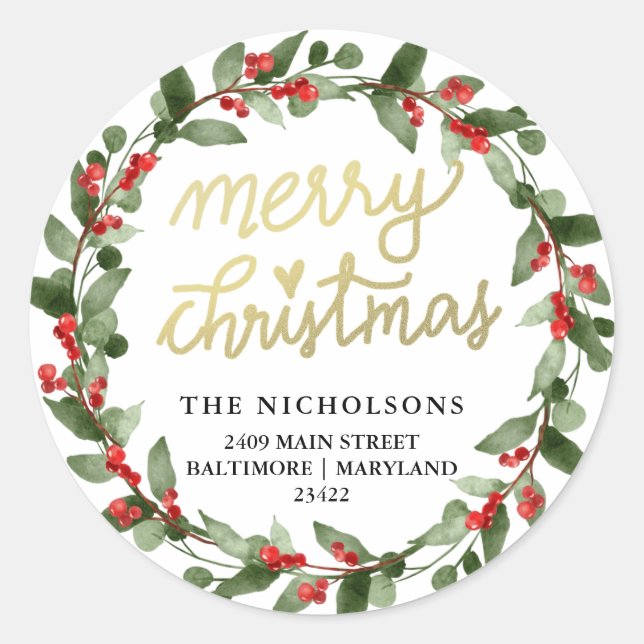 Sticker Rond Joyeux Noël Holly Wreath | Adresse de retour (Devant)