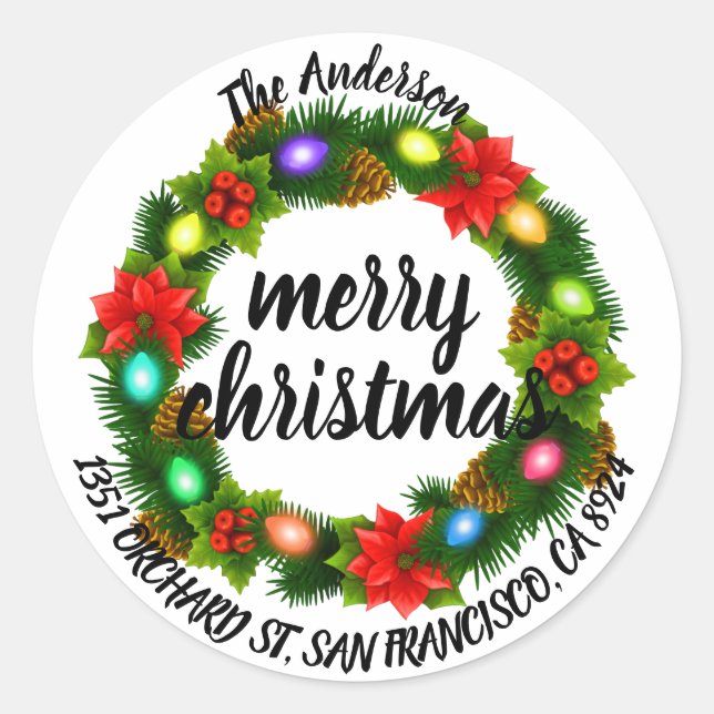 Sticker Rond Joyeux Noël Holly Wreath Return Adresse Classi (Devant)