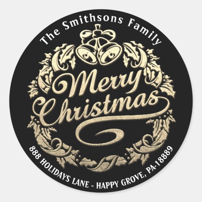 Sticker Rond Joyeux Noël Holly Wreath RSVP Gold Black White (Devant)