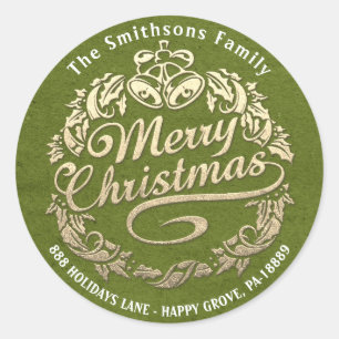 Sticker Rond Joyeux Noël Holly Wreath RSVP Gold Green