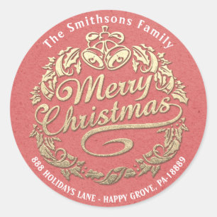 Sticker Rond Joyeux Noël Holly Wreath RSVP Gold Kraft Coral