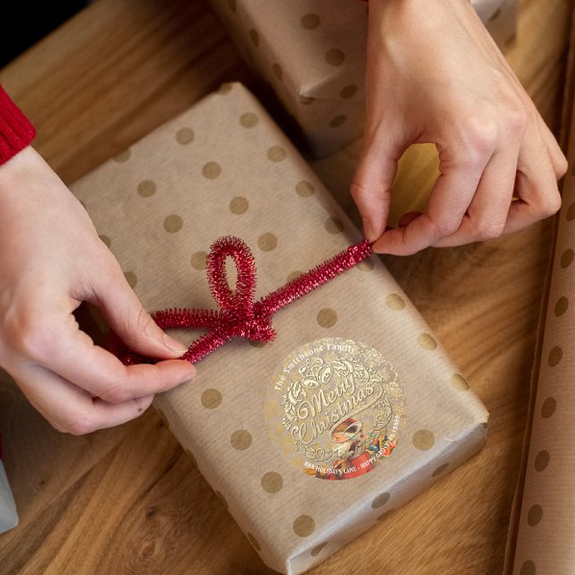 Sticker Rond Joyeux Noël Holly Wreath RSVP Gold Père Noël (Merry Christmas Holly Wreath RSVP Gold Santa Classic Round Sticker)