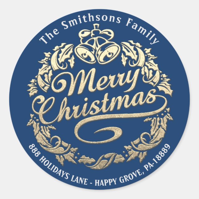 Sticker Rond Joyeux Noël Holly Wreath RSVP Gold Royal Blue (Devant)