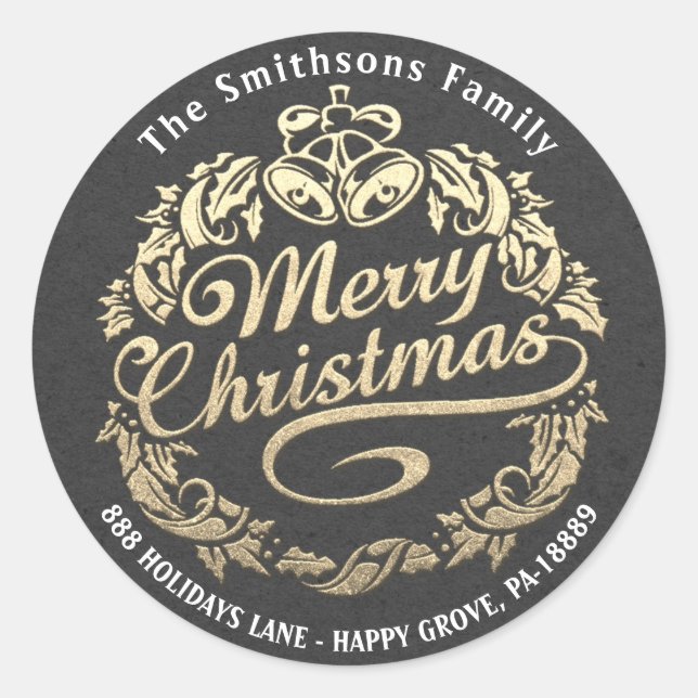 Sticker Rond Joyeux Noël Holly Wreath RSVP Grey Gold Kraft (Devant)