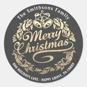 Sticker Rond Joyeux Noël Holly Wreath RSVP Grey Gold Kraft