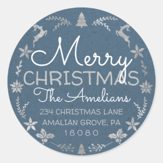 Sticker Rond Joyeux Noël Holly Wreath RSVP Kraft Blue