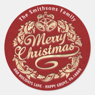 Sticker Rond Joyeux Noël Holly Wreath RSVP Red Gold Kraft