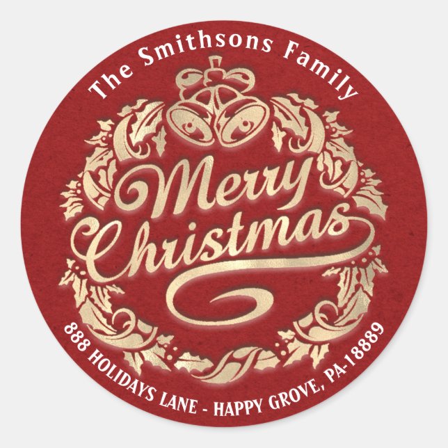 Sticker Rond Joyeux Noël Holly Wreath RSVP Red Gold Kraft (Devant)