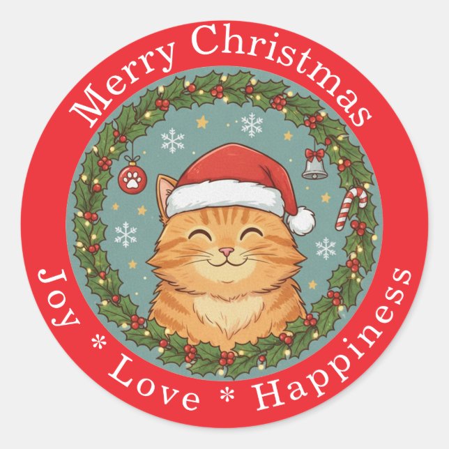 Sticker Rond Joyeux Noël Joie Amour Bonheur Chat Mignon  (Devant)