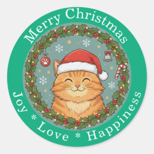 Sticker Rond Joyeux Noël Joie Amour Bonheur Chat Mignon