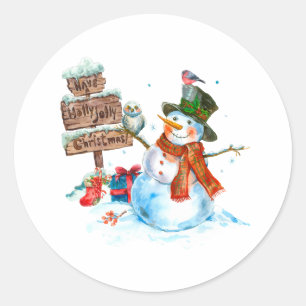 Sticker Rond Joyeux Noël joli bonhomme de neige et oiseaux