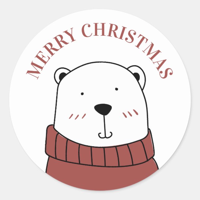 Sticker Rond Joyeux Noël. Joli ours d'hiver. Animal drôle (Devant)