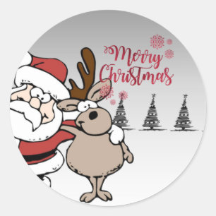 Sticker Rond Joyeux Noël, joli Père Noël Renne