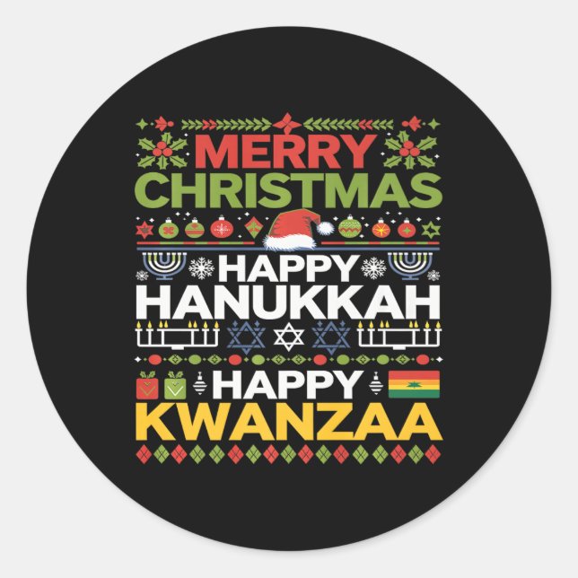 Sticker Rond Joyeux Noël Joyeux Hanoukka Joyeux Kwanzaa 12 (Devant)