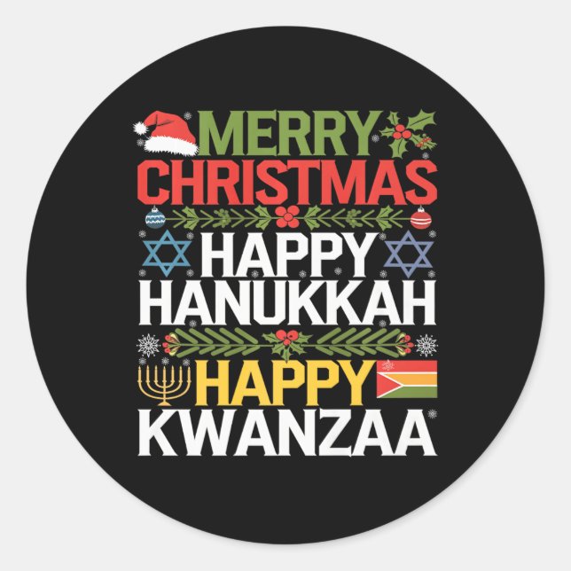 Sticker Rond Joyeux Noël Joyeux Hanoukka Joyeux Kwanzaa 13 (Devant)