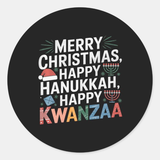 Sticker Rond Joyeux Noël Joyeux Hanoukka Joyeux Kwanzaa 14 (Devant)