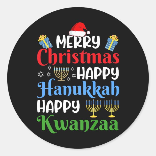 Sticker Rond Joyeux Noël Joyeux Hanoukka Joyeux Kwanzaa 18 (Devant)
