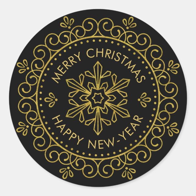 Sticker Rond Joyeux Noël Joyeux Nouvel An Cadre Cercle Or (Devant)
