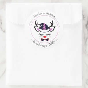 Sticker Rond Joyeux Noël. Joyeux visage de licorne