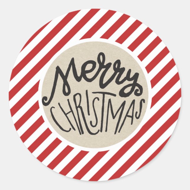 Sticker Rond Joyeux Noël Kraft rustique rayures rouges et blanc (Devant)