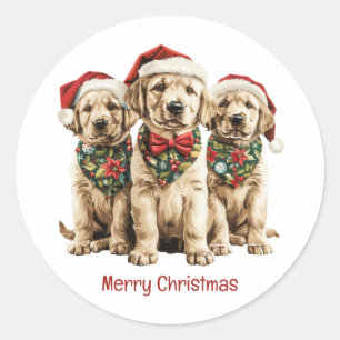 Sticker Rond Joyeux Noël Labrador Retriever Père Noël Puppy Chi