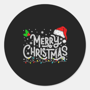 Sticker Rond Joyeux Noël Lumières Rouge Chapeau de Père Noël No