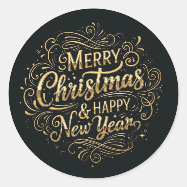 Sticker Rond Joyeux Noël Luxueux Noir et Or Script  (Devant)