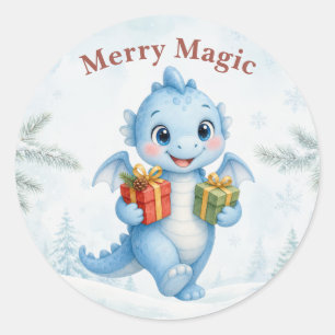 Sticker Rond Joyeux Noël Magique Bébé Dragon Bleu de Noël