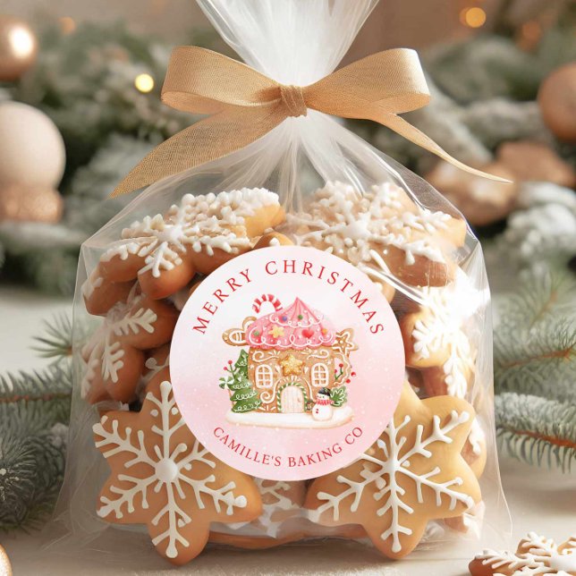 Sticker Rond Joyeux Noël Maison en Pain d'Épice Fêtes de fin d' (Merry Christmas Cookie Gift Round Sticker)