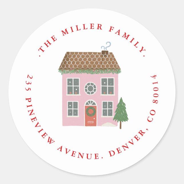 Sticker Rond Joyeux Noël Maison rose Adresse de retour  (Devant)