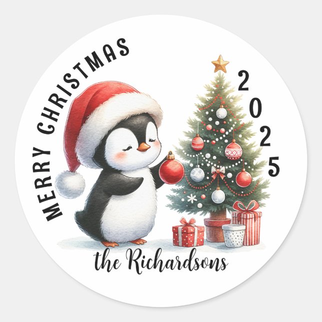 Sticker Rond Joyeux Noël Manchot Mignon Moderne Personnalisé (Devant)