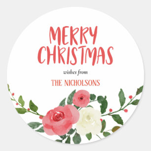 Sticker Rond Joyeux Noël manuscrit Script Red Roses