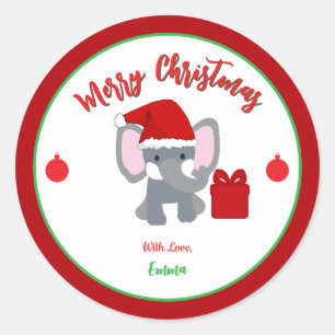 Sticker Rond Joyeux Noël mignon bébé éléphant Nom personnalisé