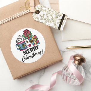Sticker Rond Joyeux Noël, mignon bonhomme de neige, cadeaux