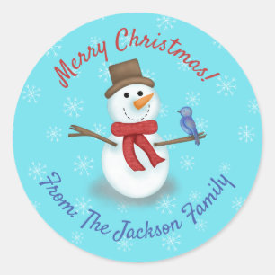 Sticker Rond Joyeux Noël mignon bonhomme de neige texte personn