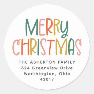 Sticker Rond Joyeux Noël mignon coloré de l'adresse de retour