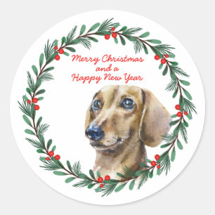 Sticker Rond Joyeux Noël mignon Dachshund Chien Vacances Wreath