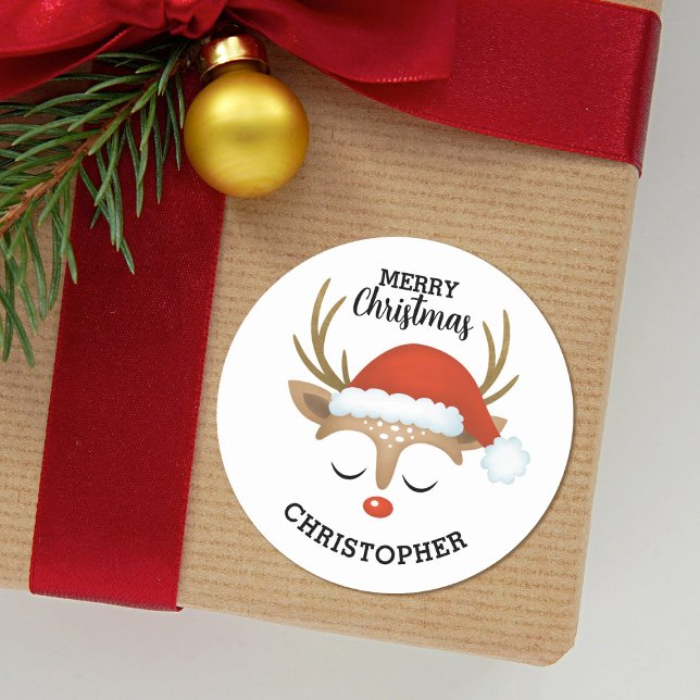Sticker Rond Joyeux Noël mignon enfants Reindeer (Cute Rudolph Reindeer Christmas stickers are so fun for  decorating your holiday gifts.)