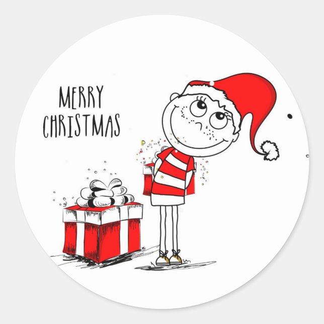 Sticker Rond Joyeux Noël mignon garçon et présent (Devant)