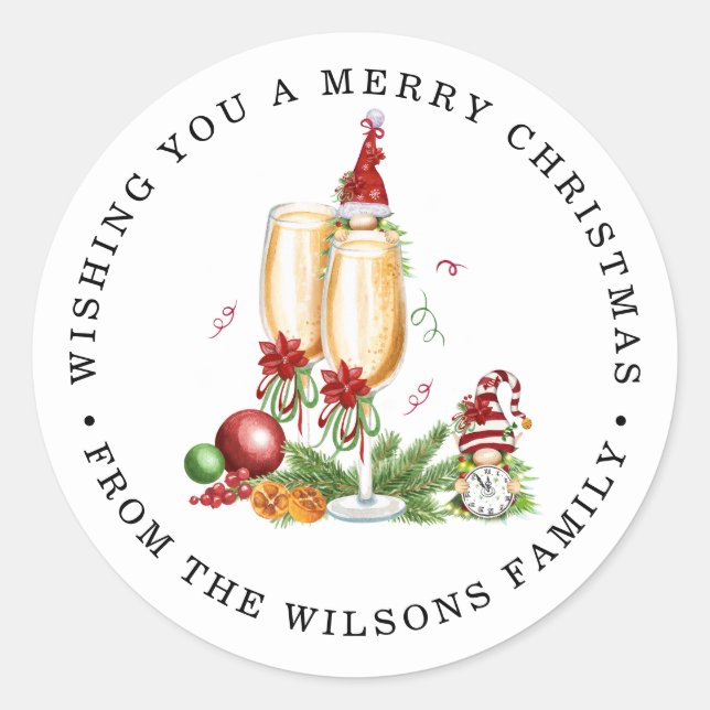 Sticker Rond joyeux noël mignon gnomes et champagne (Devant)