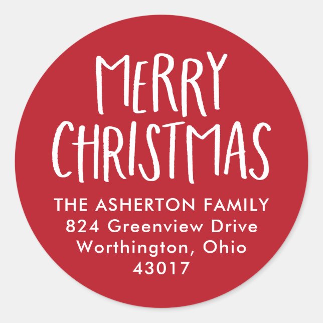 Sticker Rond Joyeux Noël mignon simple adresse de retour rouge (Devant)