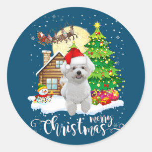 Sticker Rond Joyeux Noël mignonne Bichon Frise Père Noël avec N