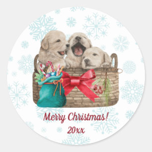 Sticker Rond Joyeux Noël mignonne Golden Retriever Puppies