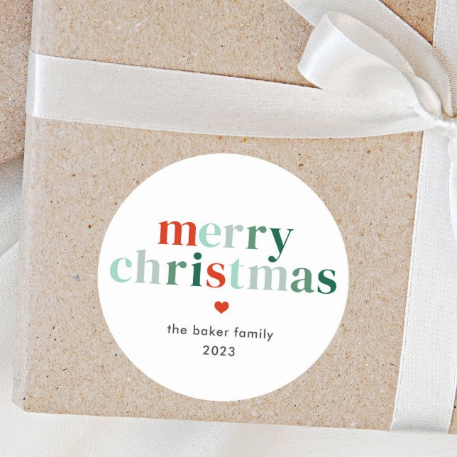 Sticker Rond Joyeux Noël Moderne Coloré (Red and Green Merry Christmas Holiday Gift Tags)
