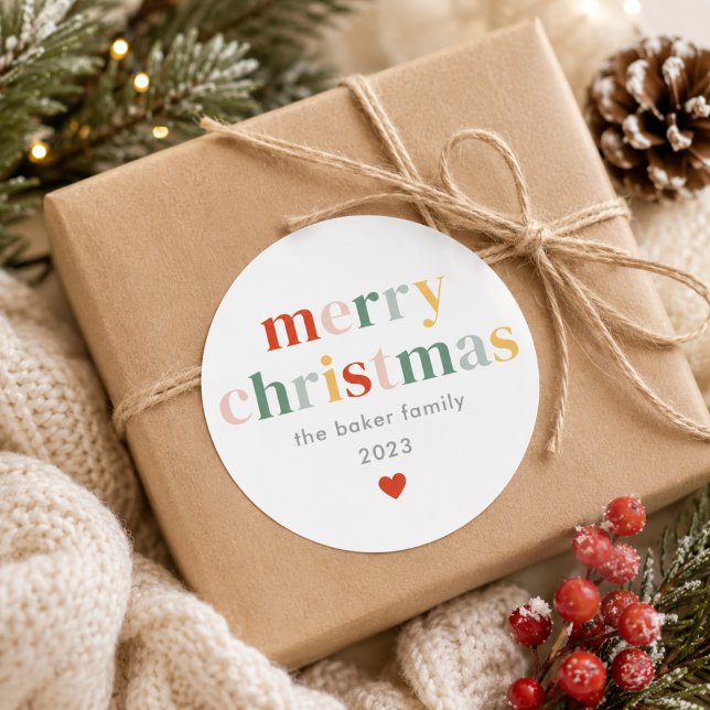 Sticker Rond Joyeux Noël Moderne Coloré (Modern Colorful Merry Christmas Classic Round Sticker)