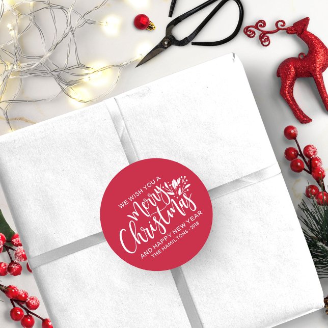 Sticker Rond Joyeux Noël Moderne Rouge Blanc Script (Créateur téléchargé)
