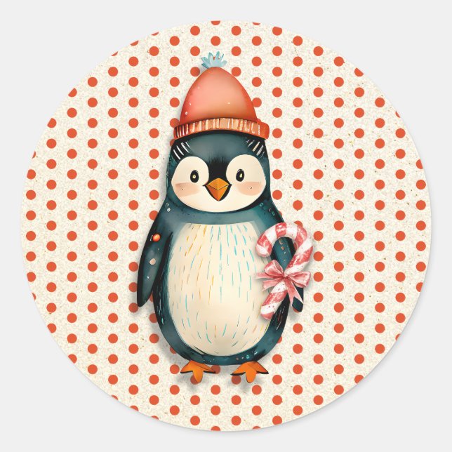 Sticker Rond Joyeux Noël | Noël des pingouins vintages (Devant)