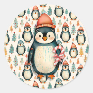 Sticker Rond Joyeux Noël Noël des pingouins vintages