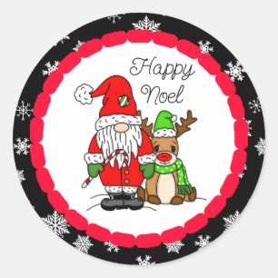 Sticker Rond Joyeux Noël Noel Gnome Père Noël et Reindeer