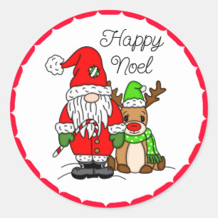 Sticker Rond Joyeux Noël Noel Gnome Père Noël et Reindeer